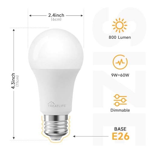 TREATLIFE Smart Light Bulbs 4Pack for Home, |4GHz WiFi, No Hub Required, Tunable White Dimmable LED Light Bulb Compatibl